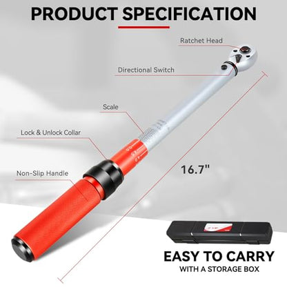 Auto Dynasty 3/8 Inch Dual-Scale Reversible Ratchet Wrench Set 10-100ft.lb/13.6-135.6 n.m with Quick Release and Accurate Torque Control - Perfect for Cars, Bikes, and Machinery Maintenance - size: 3/8 Inch-100ft.lb