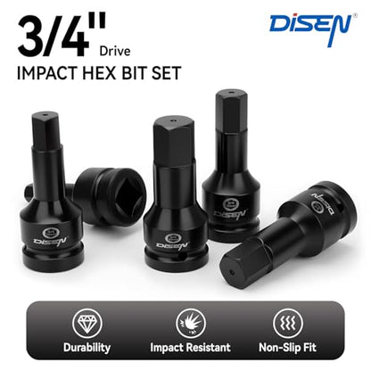 DISEN 3/4 Inch Drive Impact Hex Driver Set, 5-Piece, Metric, 14mm, 17mm, 19mm, 22mm, 24mm, CR-MO Steel, Professional Mechanic Repair 3/4” Hex Socket Set - style: 3/4“ 5PCS