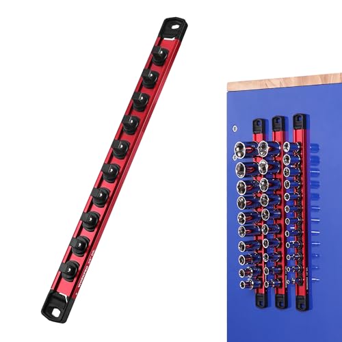 WORKPRO Magnetic Socket Organizer, 3/8" Adjustable Push-Button Socket Rail | Modular Socket Holder, Aluminum Alloy, 10 Pieces Clips, Customizable, Rotatable and Movable Clips, Quick Access, Quick Access - color: Red, size: 3/8" DR
