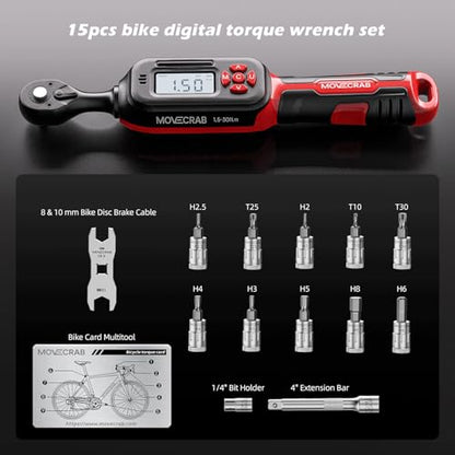 15-Piece Bike Digital Torque Wrench Kit, 1/4" Drive, 1-22 Ft.lb | Electronic Torque Wrench with Hex & Torx Bits, Bike Card Tool, LED & Buzzer Alerts for MTB, Road Bike & Bicycle Maintenance - size: 1/4" 15pcs-Bike 1.5-30N.m/1-22Ft.lb