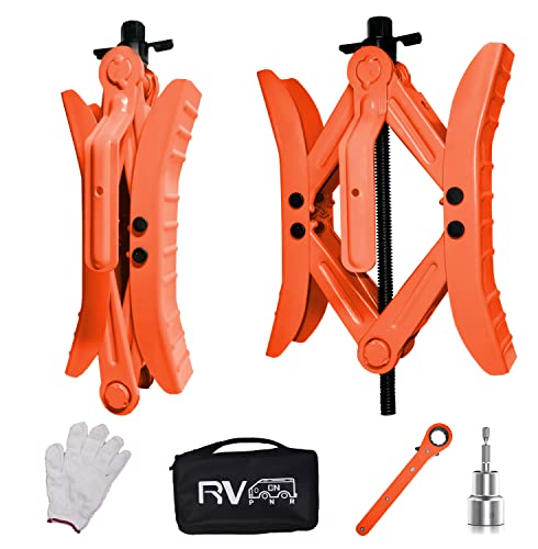 RV Wheel Chock Stabilizers,Camper Heavy Duty Tire Chock Stabilizers,Travel Trailers Wheel Chock Scissor 2 Sets with Ratchet,hex Socket,Gloves (RED) - color: Red