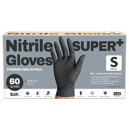 SUPER+ Black Nitrile Gloves HEAVY DUTY 6 Mil Disposable Chemical Resistant Powder & Latex Free Medical Food Safe, 60/600 Ct - color: Smal (Iron Grey)