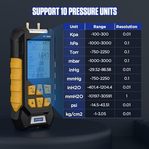 AUTOOL Manometer Gas Pressure Tester -100 to 300Kpa Digital Manometer HVAC 11 Units, Data Lock & Storage with Magnetic Back, Backlit Display