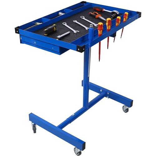 Rolling Tool Table, Heavy Duty Mobile Tool Tray Adjustable Work Table with Drawers, Rubber Corners＆Wheels, Adjustable Tear Down Work Table for Garages, Repair Shops and DIY (Blue) - size: Blue