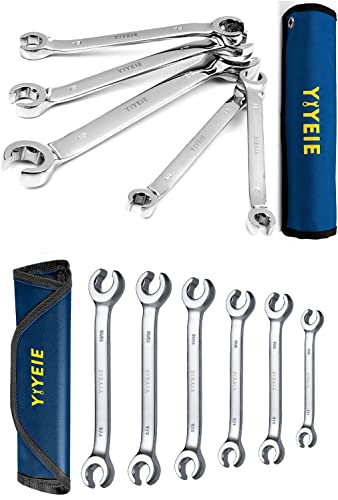 YIYEIE 11-Piece Flare Nut Wrench Set Bunlde, Metric & SAE, 9-21mm & 1/4" to 15/16'', 6 Point Open End, 15° Offset, CR-V Steel, Line Wrenches with Carrying Pouch
