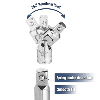 Bates- Socket Accessory Set, 10 pcs, Silver, 3/8" Extension Set, 1/4", 3/8" & 1/2" Drive Universal Joints & Socket Adapter Set, 3/8 Extension Set - color: Silver, size: 10 pcs