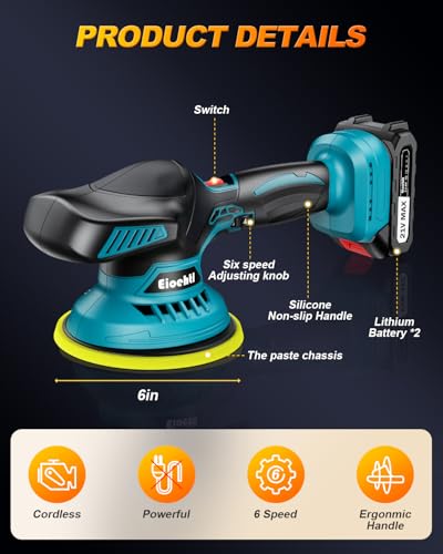 Cordless Car Buffer Polisher Kit, 6" Dual Action Random Orbital Polisher, 6 Variable Speed (1600–5500 RPM) 2×21V 2000mAh Rechargeable Batteries, 13 PCS Polishing & Waxing Attachments for Car Detailing