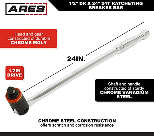 ARES 40012 – 1/2-Inch Drive Ratcheting Breaker Bar – 24-Inch Length – 24 Tooth Ratchet Design Features Reversible Ratchet Collar - size: 1/2-Inch Drive, style: 24-Inch Ratcheting Breaker Bar