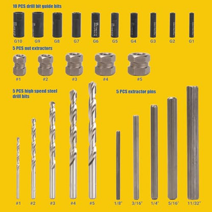 Broken Bolt Extractor, 25-Piece Drill Bit Extractor Set,Easy Out Drill Bit Guides,Drill Extractor Kit for Removing Stripped,Damaged,Rusted, Rounded-Off Bolts, Automotive Nuts & Screws
