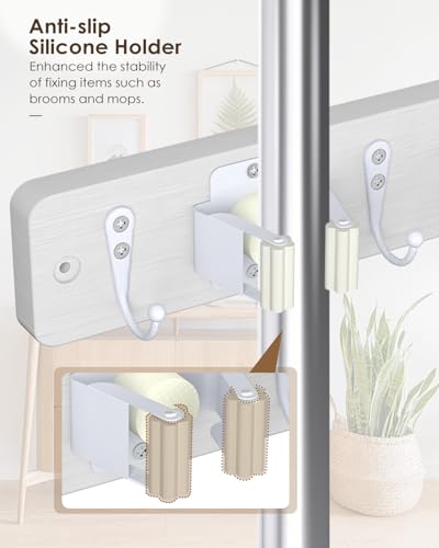 Broom Holder Wall Mounted, 2 Pack White 4 Holders and 4 Hooks Mop Holder, Wooden Mop and Broom Holder with Anti slip rubber, Natural pine wood Brush Holder, Mop Wall Holder with Nail installation | Mop Holder Wall Mount and Broom Hanger for Garage, Laundr