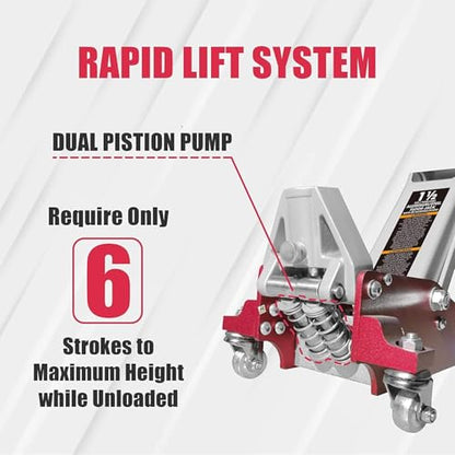 1.5 Ton (3,300 lbs) Low Profile Aluminum Hydraulic Racing Floor Jack with Dual Piston Quick Lift Pump, Lifting Range 3.5" to 14", for Cars and Family sedans, Red