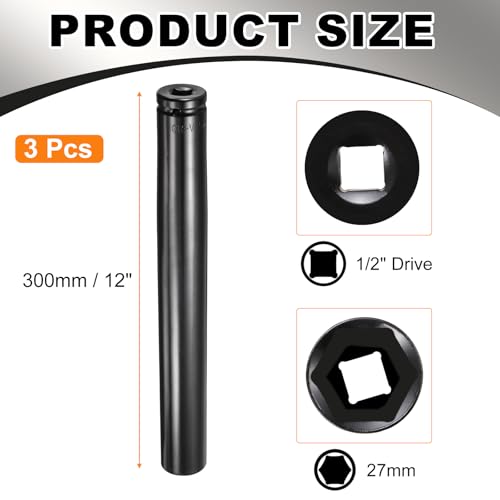HARFINGTON 3pcs 6-Point Deep Impact Socket 1/2" Drive 27mm Metric Socket 12" (300mm) Extra Long Heat-Treated 45# Steel for Home Auto Spindle Axle Hex Nuts Bolts Repair, Black - size: 27mm + 12" Long