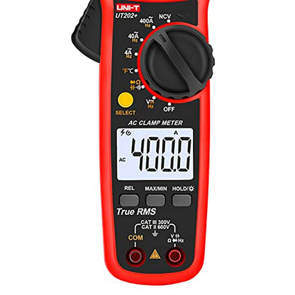 UNI-T Digital Clamp Meter UT202+, AC Current TRMS HVAC Volt Amp Ohm Meter Clamp On Multimeter Auto Ranging 4000Counts Temperature AC DC Voltage Frequency Resistance Capacitance Continuity Diode Tester - size: UT202+