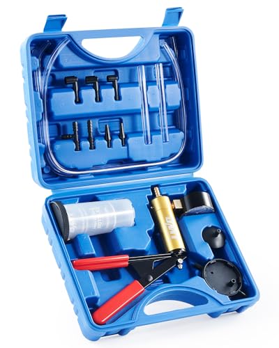OMT One-Man Brake Bleeding Kit with Hand Vacuum Pump and Dial Gauge, Blue | High Grade Aluminum Alloy Fluid Evacuation System; Resilient PVC Tubing and Connectors; Great for Multi-Vehicle Servicing - color: Blue