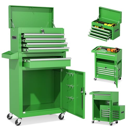 INTERGREAT Tool Chest Cabinet, 5-Drawer Rolling Tool Chest with Detachable Top Tool Box, Tool Chests with Universal Lockable Wheels, Metal Tool Cart for Garage, Workshop, Barbershop(Green) - color: Green, size: 5 Drawers