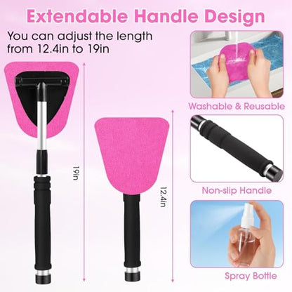 Pink Windshield Cleaner Tool, Car Interior Cleaning Kit with Extendable Handle and 3 Reusable Microfiber Pads, Auto Glass Wiper and Detailing Brush Kit for Car & Home Window - color: Rose Pink