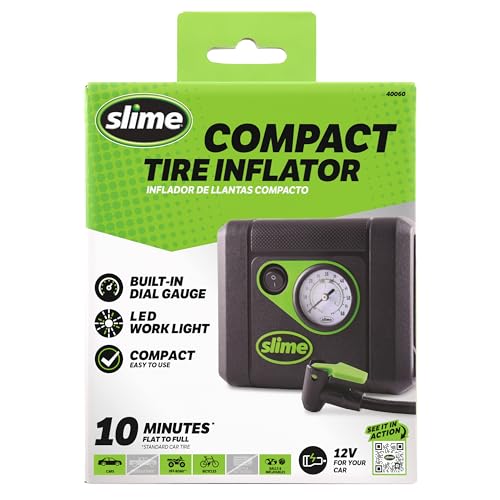 Slime 40060 Tire Inflator, Compact, Portable Car Air Compressor, Analog, Quick Connect Air Hose, Flat Tire Puncture Repair, 12V, 10 min inflation - style: Compact