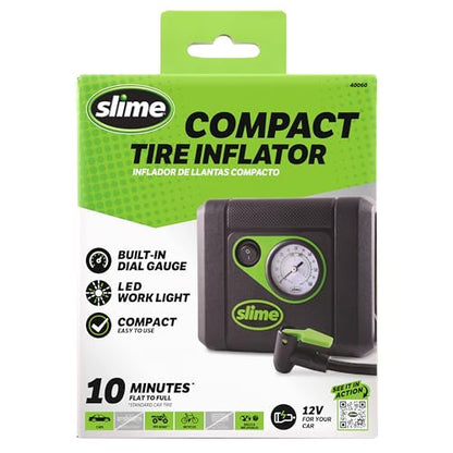 Slime 40060 Tire Inflator, Compact, Portable Car Air Compressor, Analog, Quick Connect Air Hose, Flat Tire Puncture Repair, 12V, 10 min inflation - style: Compact