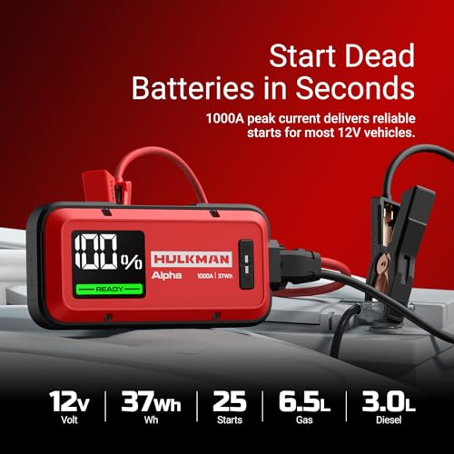 Hulkman Alpha,Ultra Red,1000A 37Wh Jump Starter,10000mAh Power Bank, Portable,12V Jump Box with Jumper Cables,45-Min Full Recharge,24-Month Standby,Easy Start,IP65,LED Display,for 6.5L Gas/3.0L Diesel - style: 1000A&37Wh