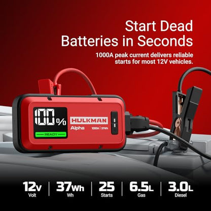 Hulkman Alpha,Ultra Red,1000A 37Wh Jump Starter,10000mAh Power Bank, Portable,12V Jump Box with Jumper Cables,45-Min Full Recharge,24-Month Standby,Easy Start,IP65,LED Display,for 6.5L Gas/3.0L Diesel - style: 1000A&37Wh