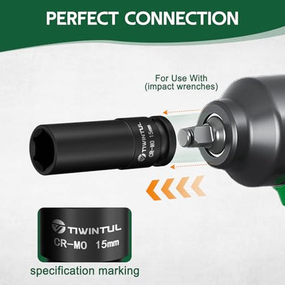 15mm Deep Impact Socket 1/2" Drive for Wheel Lug Nuts, Suspension Components | CR-MO Steel Impact Socket, Anti-Rounding 6 Point, 3.07" Length, Metric Impact Socket for Automobile and Machinery Maintenance - size: 15mm (Deep)