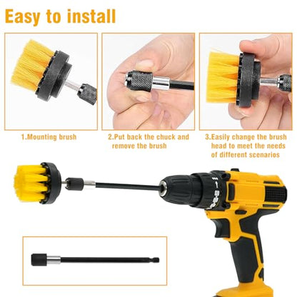 8 Pcs Drill Brush Attachment Set - Power Scrub Brush Kit | Brush Drill with Extend Long Attachmen - All Purpose Household Cleaning Brushes for Car, Grout, Floor, Tub, Bathroom - color: Yellow