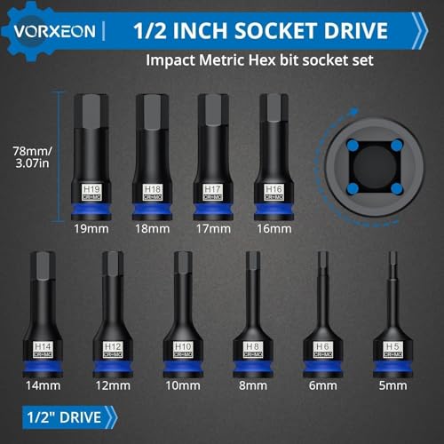 10 Pcs 1/2" Drive Metric Impact Allen Hex Bit Socket Set 42 Cr-Mo 5mm - 19mm One-piece construction with Storage case for Automotive repair - size: Hex Metric