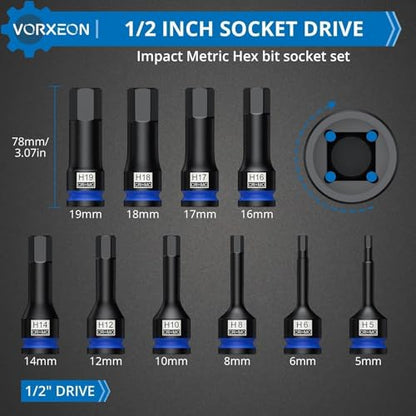 10 Pcs 1/2" Drive Metric Impact Allen Hex Bit Socket Set 42 Cr-Mo 5mm - 19mm One-piece construction with Storage case for Automotive repair - size: Hex Metric