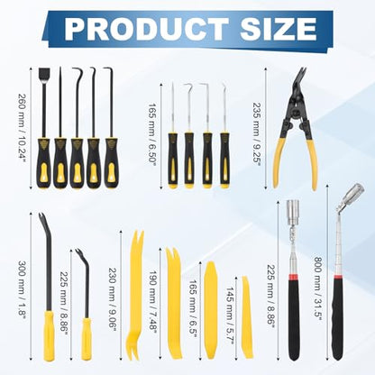 17Pcs Hook and Pick, Rotary Head Magnetic Pickup Tool Clip Pliers Plastic Pry Pieces Large Small Hook Pry Bar Gasket Scraper for Remove Hoses Gaskets Car Panel Fastener, Yellow - color: Yellow