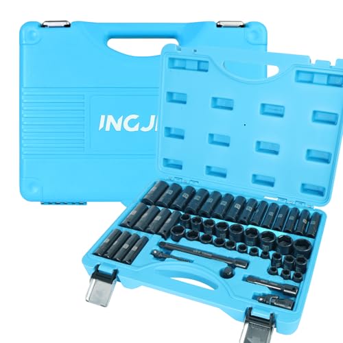 Impact Socket Set, 3/8 inch 50 Piece SAE and Metric Set, Standard SAE (5/16 to 3/4 inch) and Metric (8-22mm) 6 Point, Extension Bars, Impact Universal Joint, Adapter, Cr-V Steel - size: 3/8inch 50PCS