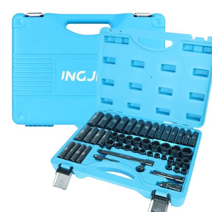 Impact Socket Set, 3/8 inch 50 Piece SAE and Metric Set, Standard SAE (5/16 to 3/4 inch) and Metric (8-22mm) 6 Point, Extension Bars, Impact Universal Joint, Adapter, Cr-V Steel - size: 3/8inch 50PCS
