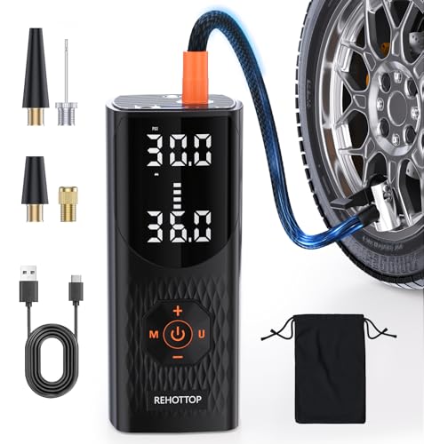 REHOTTOP Tire Inflator Portable Air Compressor, 160 PSI Cordless Air Pump for Car Tires with Digital Pressure Gauge, LED Light & Auto Shut-Off, 5X Fast Inflation for Car, Motorcycle, Bicycle, Ball