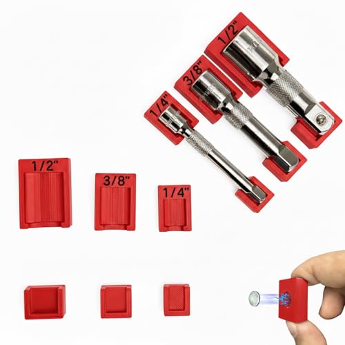 Magnetic Socket Extension Holder Set 3-Piece ratchet Organizer for 1/2", 3/8", and 1/4" Drive Extensions, Professional Garage Drawer Storage with Strong Magnetic Base, Red (Red) - color: Red