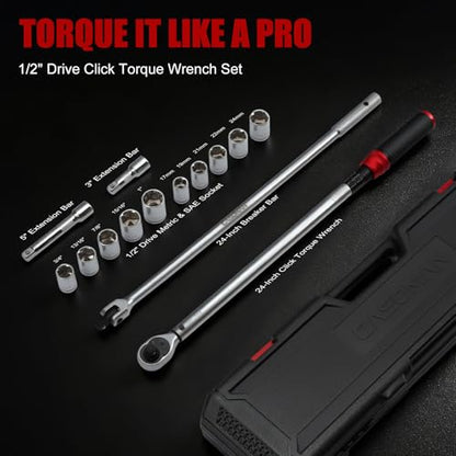 CASOMAN 14 PCS 1/2 Inch Click Torque Wrench Set,22.2-244.2 FT.-LB/30-330 Nm, ±3% Accuracy, 72-Tooth Dual Scale Torque Wrench Kit, with Breaker Bar & Extensions & Sockets, for Automotive Tire Repair