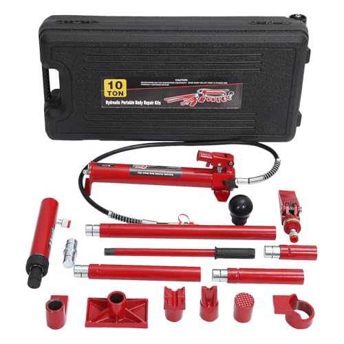 10 Ton Porta Power Kit, Hydraulic Ram Pump, Car Jack with 4. Ft Oil Hose, Auto Body Frame Straightening Repair Tool with Wheeled Storage Case for Mechanics, Garage - color: Red, size: 10 Ton + Wheeled Rolling Storage Case