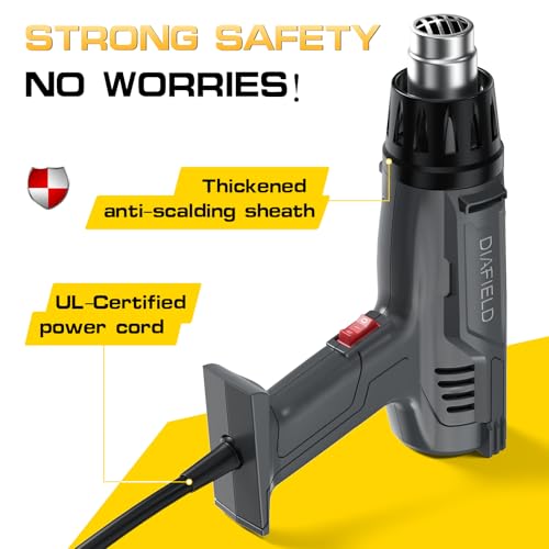 DIAFIELD 1850W Heat Gun, Dual Temperature Settings 572.0 °F&1202 °F(300 °C~650 °C), Fast Heat Hot Air Gun, Durable& Overload Protection, with 4 Nozzles for Shrink Wrap, Vinyl, Crafts, Epoxy Resin - size: Normal Size