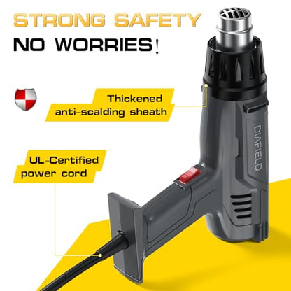 DIAFIELD 1850W Heat Gun, Dual Temperature Settings 572.0 °F&1202 °F(300 °C~650 °C), Fast Heat Hot Air Gun, Durable& Overload Protection, with 4 Nozzles for Shrink Wrap, Vinyl, Crafts, Epoxy Resin - size: Normal Size