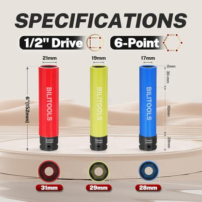 BILITOOLS Extra Long Impact Socket Set, 1/2" 17/19/21mm Lug Nut Socket Set | 3PCS Socket Set CR-MO steel, 6" Length, 6-Point Flank Drive, Color-Coded, Scratch-Proof Sleeve, fits Impact Wrenches - size: 17 19 21 mm