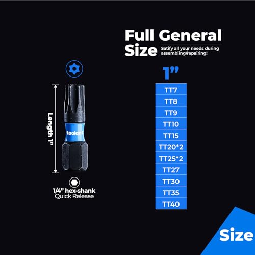 ToolAnt 1' Impact Torx Bit Set (TT7-40), Qty 13; Tamper-Proof Star Bit Set, 1/4' Hex-Shank, CNC Machined Tips, S2 Steel, Impact Magnetic Bit Holder & Storage Box - size: 1"*13+1pcs