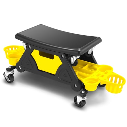 Auto Dynasty Rolling Mechanic Stool, 300 LBS Capacity Rolling Creeper Garage Shop Seat with Removable Storage Tool Trays, Mechanic Chair with Lockable Swivel Wheels for Workshop Auto Repair, Yellow - color: Yellow