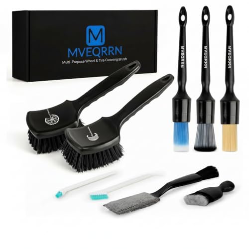 MVEQRRN 9PCS Car Detailing Brushes Set, Boar Hair Detail Brushes,Car Detailing Wheel Kit (Black) | Ultra Soft No Scratch, Car Dust Brush,Car Detailing Brushes Kit, Detail Brushes Car Detailing for Interior Exterior - color: 9pcsblack detail wheel brush se
