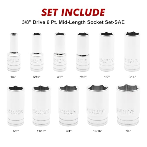 CASOMAN 11PCS 3/8" Drive 6 Pt. Mid-Length Socket Set, SAE, Mirror Chrome Finish, 1/4", 5/16", 3/8", 7/16", 1/2", 9/16", 5/8", 11/16", 3/4", 13/16", 7/8" - size: 3/8"Dr., Mid-Length, 6.4 to 22.2mm