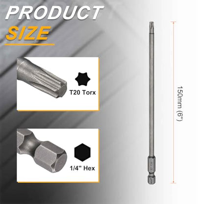 HARFINGTON 10pcs T20 Torx Head Screwdriver Bit 1/4" Hex Shank 6" (150mm) Long Magnetic No Hole Tip Tamper Proof 6 Point Star Screw Driver Drill Bits S2 Steel Industrial Power Screwdrivers - size: T20 x 6"