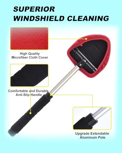 Windshield Cleaner Tool, Car Inside Windshield Cleaner Tool，Inside Car Window Cleaning Tool Kit, Window Glass Wiper Kit Comes with 4 Washable & Reusable Microfiber Pads, 2 Wet and 2 Dry Use - color: Red+Blue