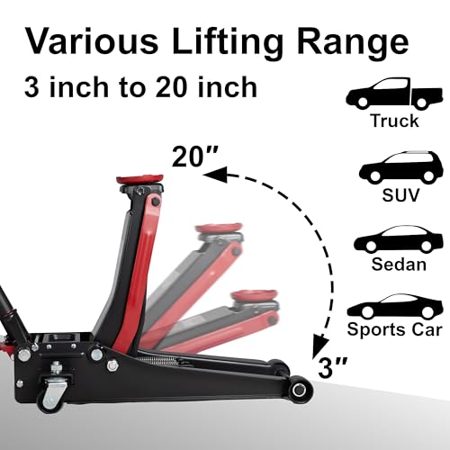 Maxority 3-Ton (6600lbs) Low-Profile Dual Pistons Heavy-Duty Steel Racing Floor Jack with Quick Lift Hydraulic Pump, Foot Pedal and Magentic Pad for Car Maintenance (Red, 3 Ton Low Profile)