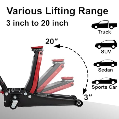 Maxority 3-Ton (6600lbs) Low-Profile Dual Pistons Heavy-Duty Steel Racing Floor Jack with Quick Lift Hydraulic Pump, Foot Pedal and Magentic Pad for Car Maintenance (Red, 3 Ton Low Profile)
