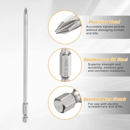 HARFINGTON 4pcs #1 Phillips Screwdriver Bit PH1 1/4" Hex Shank 6" (150mm) Long 0.2" Rod Magnetic Cross Head Drill Bits S2 Steel Industrial Screw Driver Bit for Electric Power Tools, Gray - size: PH1 x 6" x 0.2"