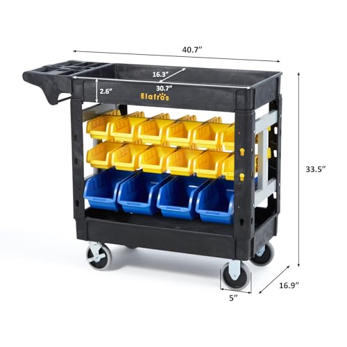 ELAFROS 2-Tier Heavy Duty Utility Cart with 32 Storage Bins, 40.7 x 17 in | 550 lbs Capacity, Deep Tub Shelves, Rolling Service Cart, Locking Wheels, Tool Organizer, Workshop Garage Office Storage Bins