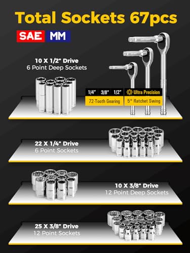 AZUNO 203-Piece Mechanics Tool Set, SAE & Metric Socket Set with 67 Sockets, 3 Ratchets, Combination Wrenches, Screwdrivers & Bits, Portable Tool Kit for Auto Repair and Home Maintenance