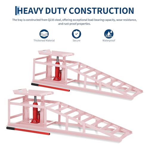 Hydraulic Car Ramps 2 Pack, 11000 LBS/5 Ton Heavy Duty Steel Auto Service Ramps, 9.4"-13.34" Adjustable Lift Height for Low Profile Vehicles, Trucks, SUVs, Garage Repair & Oil Changes, Pink - color: Pink